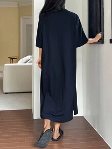 DAZY Minimalist Solid Color Loose Hem Split Lounge Dress, Casual Homewear, Moo Moo Pajama - Navy Blue - View 2