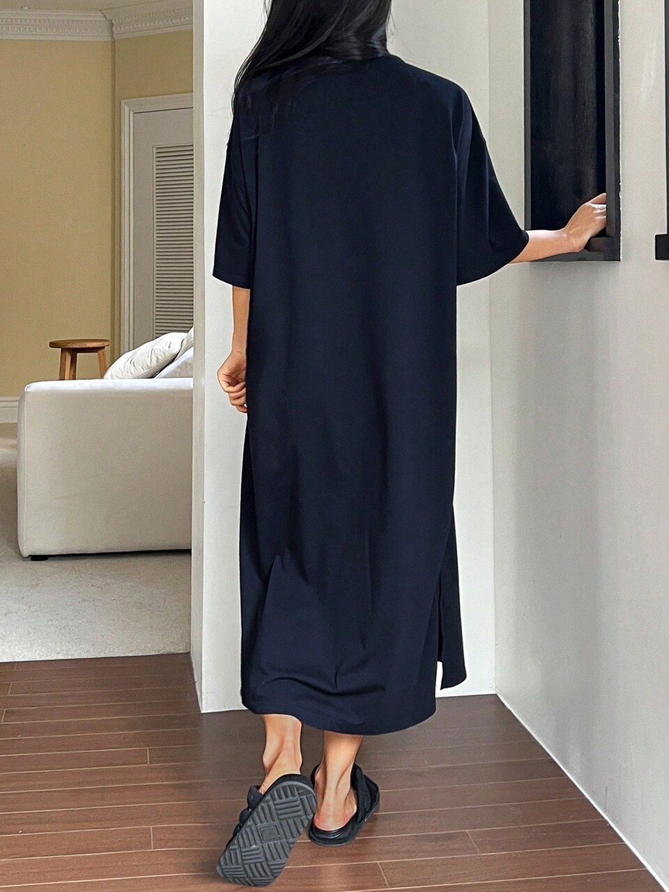Minimalist Solid Color Loose Hem Split Lounge Dress, Casual Homewear, Moo Moo Pajama