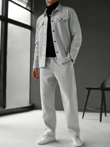 Manfinity Homme 男士灰色休闲夹克和裤子套装，秋季纯色前扣长袖夹克和长款配件套装面料男士两件套服装全套服装男士，秋季服装 - 淺灰色 - 查看 4