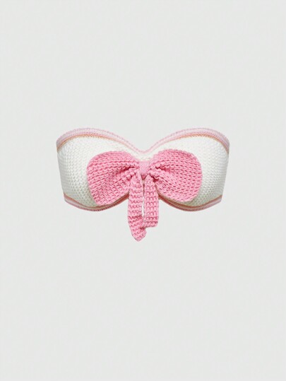 Kawaii Cute 3D Bow Tight Knit Bandeau Top For Women, Suitable For Beach Holiday