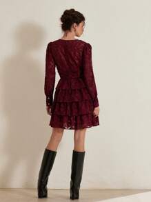 Aveloria Rosie French Romantic Multi-Layer Cake Style A-Line Dress, V Neck Cutout Texture Fabric Spring Waisted Short Sleeve Dress For Ladies Valentine's Day