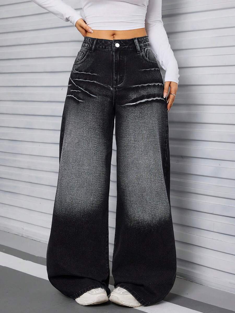 SHEIN Tall Women's Simple Front Button Pocket Wide Leg Jeans, Casual Everyday Wear