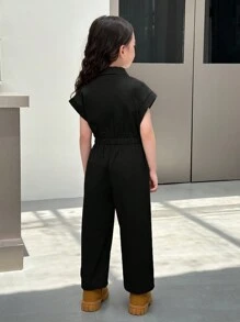 SHEIN 年轻女孩编织纯色翻领双口袋半开襟修身休闲连体裤 - 黑色 - 查看 2