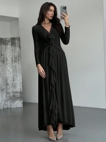 Aloruh New Elegant Ruffle Sash Decor 3D Floral Design Sexy Deep V Mesh Dress - Black - View 6