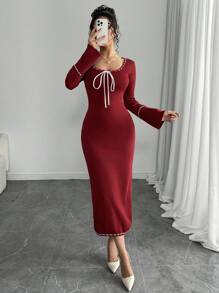 Chiquease 女士长袖黑色返校连衣裙，公主风格针织毛衣连衣裙，适合秋季 - 酒紅色 - 查看 4