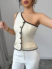 Rafferiza Top elegante ajustado al Body con hombro asimétrico sin mangas y botones decorativos para mujer - Albaricoque - Ver 3