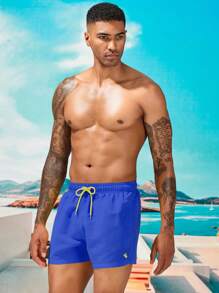 Horizaway 男士纯色休闲沙滩短裤，时尚日常穿着，夏威夷风 - 藍色 - 查看 6