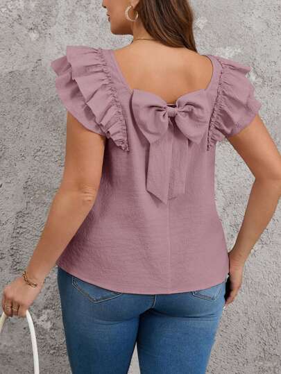 SHEIN Clasi Plus Size Solid Color Double-Layer Cap Sleeve With Bow Back Decor Shirt