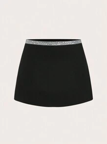 Maija 女式闪亮水钻装饰黑色迷你裙，优雅适合新年派对情人节和节日 - 黑色 - 查看 6