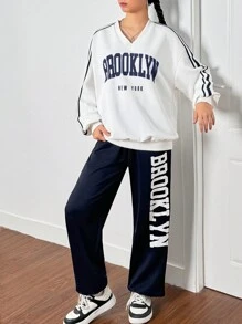 SHEIN 2 件套青少年女孩返校 V 领数字和字母印花校队休闲套装，适合秋冬季 - 藍白色 - 查看 6