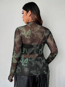Coolane Plus Chinese Dragon Print Lettuce Trim Mesh Top - Multicolor - View 4