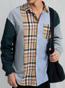 Manfinity VCAY 男士编织时尚休闲青年宽松多色拼布长袖衬衫，秋冬夹克款式 - 彩色 - 查看 3