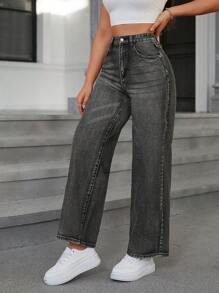 SHEIN ICON 女式口袋阔腿宽松休闲百搭牛仔裤 - 灰色 - 查看 6