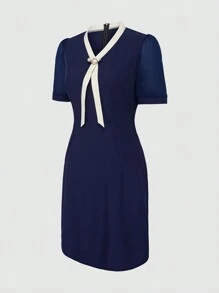 EMERY ROSE Women V-Neck Contrast Button Embellished Short Sleeve Top - Navy Blue - View 4