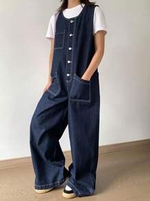 DAZY 女式前扣无袖口袋休闲牛仔背带裤，返校服工装裤