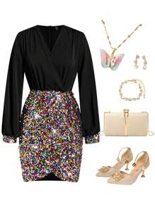 Gownix Women's Colorful Contrast Sequin Christmas Party New Year Fashion Dress, Elegant Clothes - Multicolor - View 2