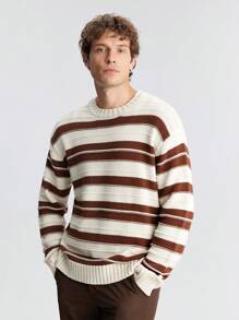 Ontre Men's Spring New Striped Crew Neck Loose Long Sleeve Casual Sweater, Fashion Simple For Valentine's Day, Holiday, New Year Party, Daily, Travel, Commute
