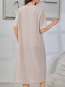 Front-Slit V-Neck Loose Short Sleeve Solid Color Women's Lounge Dress - Khaki - View 2