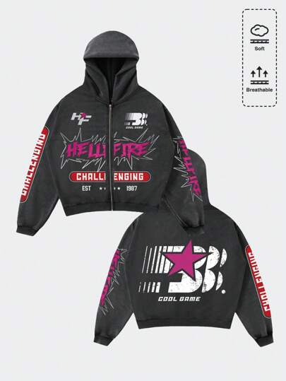 Street Life Sudadera con capucha estampada con letras lavadas, estilo callejero para hombre