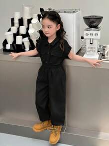 SHEIN 年轻女孩编织纯色翻领双口袋半开襟修身休闲连体裤 - 黑色 - 查看 4