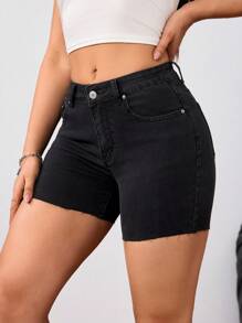 SHEIN Essnce Pantaloni scurți din denim versatil, ocazional, de zi cu zi - Negru - Vizualizare 3