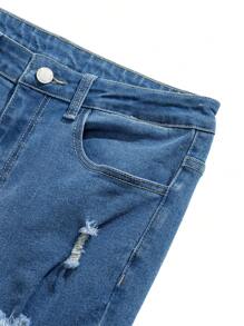 SHEIN Pantalones cortos vaqueros blancos rasgados y deshilachados para adolescentes, para atuendos de primavera y verano de chicos adolescentes - Azul - Ver 4