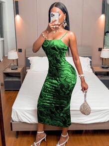SHEIN Clasi Marble Print Cami Bodycon Dress For New Year Clothes Maxi Women Outfit - Green - View 4