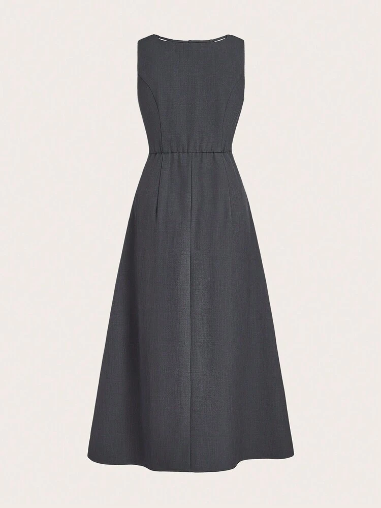 SHEIN Maija Grey Bowknot Sash Pleated A-Line Sleeveless Mid-Length Dress For Women, Minimalist Fashion For Party, Valentine's Day Gathering Festival