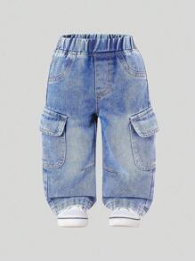 SHEIN 幼儿男童街头风格百搭工装裤，休闲柔软舒适洗水牛仔裤，时尚日常穿着，2024 年春秋新品系列 - 淺色水洗藍 - 查看 6