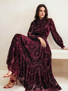 Anewsta 女士立领灯笼袖碎花植绒裙优雅套装，高端派对新年装 - 酒紅色 - 查看 1