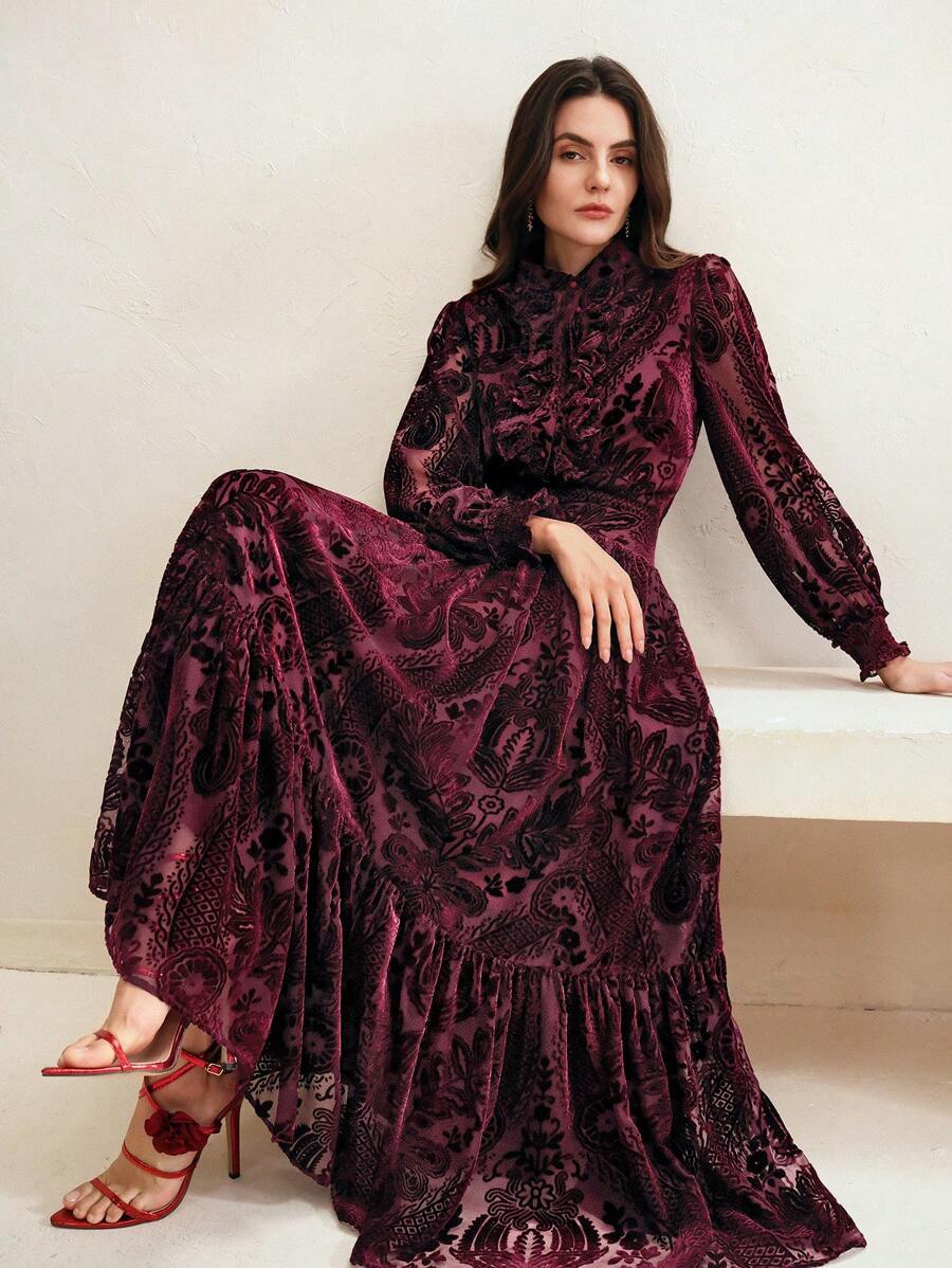 Anewsta 女士立领灯笼袖碎花植绒裙优雅套装，高端派对新年装 - 酒紅色 - 查看 1