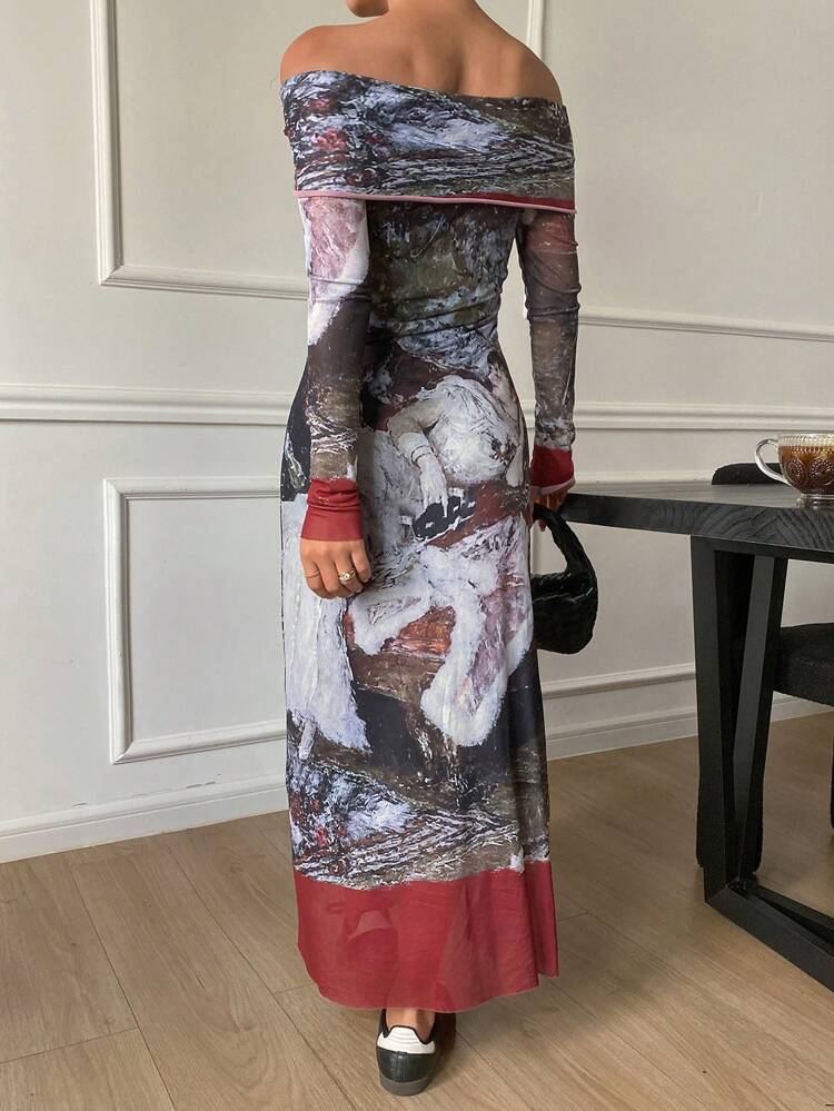 Bohemian Style Long Floral Print Off Shoulder Long Sleeve Dress For Women, Summer,Fall Clothes