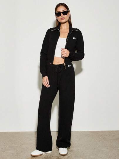 AiiRZ Athletic Workout Ribbed Zip Up Jacket And Wide Leg Pants Set Loungewear Athleisure Co-Ord Two Piece Outfit For Gym Training Activewear