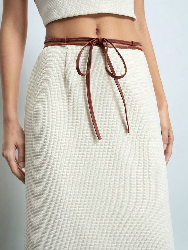 SHEIN Maija Women's New Year Contrast Color Tie Cord Thick Tweed Straight White Midi Skirt Valentine's Day,Festival