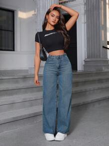 女式口袋直筒宽松休闲牛仔裤 - 藍色 - 查看 5