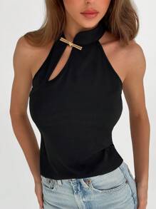 Aloruh Top de cuello halter elegante y retro de metal de color liso y versátil - Negro - Ver 6