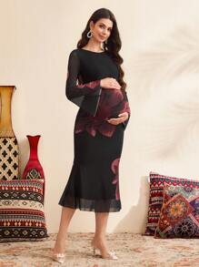 SHEIN 孕妇玫瑰印花修身喇叭袖连衣裙