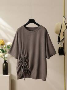 Lacomfia Plus Size Women Jednolity Kolor Okrągły Dekolt Opuszczone Ramiona Ściągacz Luźny T-shirt