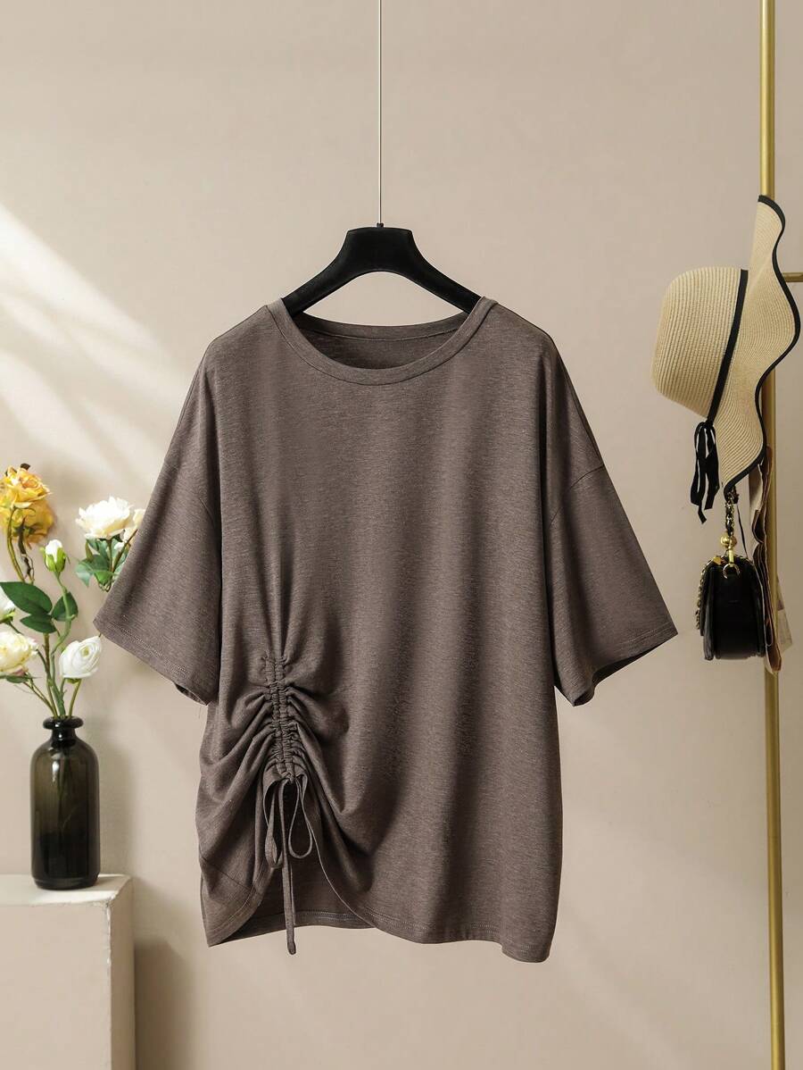 Lacomfia Plus Size Women Jednolity Kolor Okrągły Dekolt Opuszczone Ramiona Ściągacz Luźny T-shirt