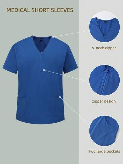 Manfinity Homme Men's Solid Color Front Zip Short Sleeve Casual Nursing Uniform