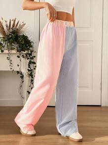 SHEIN EZwear 女款字母贴布宽腿宽松拼色条纹裤