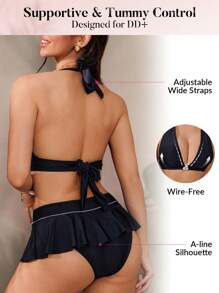 Swim DD+ Summer Women's Sweet & Spicy V-Neck Pleated Bikini Set - Beige - View 3