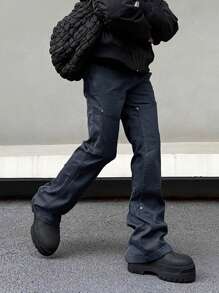 Manfinity Roghcode Men's Zipper Design Flare Leg Casual Pants - Navy Blue - View 2