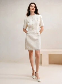 Anewsta 女士修身蕾丝边闪亮纽扣迷你连衣裙，海军蓝