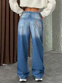 EURMUSE Low Waist Back Pocket Detailed Baggy Jean - Medium Wash - View 5