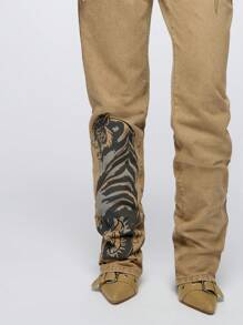 SUMWON WOMEN High Rise Denim Embroidered Tiger Print Straight Leg Jeans Dragon Motif Angel Wing Sword Distressed Fall Winter Pants Fashion Forward Statement Piece - Khaki - View 4