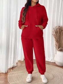 SHEIN VCAY Plus Size Women Solid Color Drop Shoulder Long Sleeve Drawstring Hoodie & Sweatpants Casual Suit
