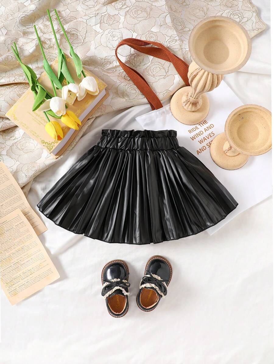 Baby Girl Spring & Summer Street Style,Solid Color Imitate Leather Skirt