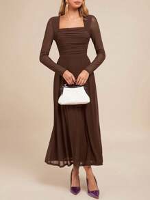 Amorya 女士优雅方领长袖 A 字形紫色派对连衣裙，秋冬 - 咖啡 - 查看 8