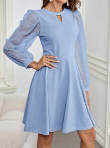 SHEIN Clasi 女士锁眼领口网眼灯笼袖优雅短裙 - 淺藍色 - 查看 6